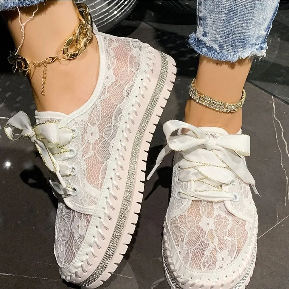 Round Toe Platform Loafers – Chic Lace Mesh Sneaker Low Heel Slip-Ons Pink Sole